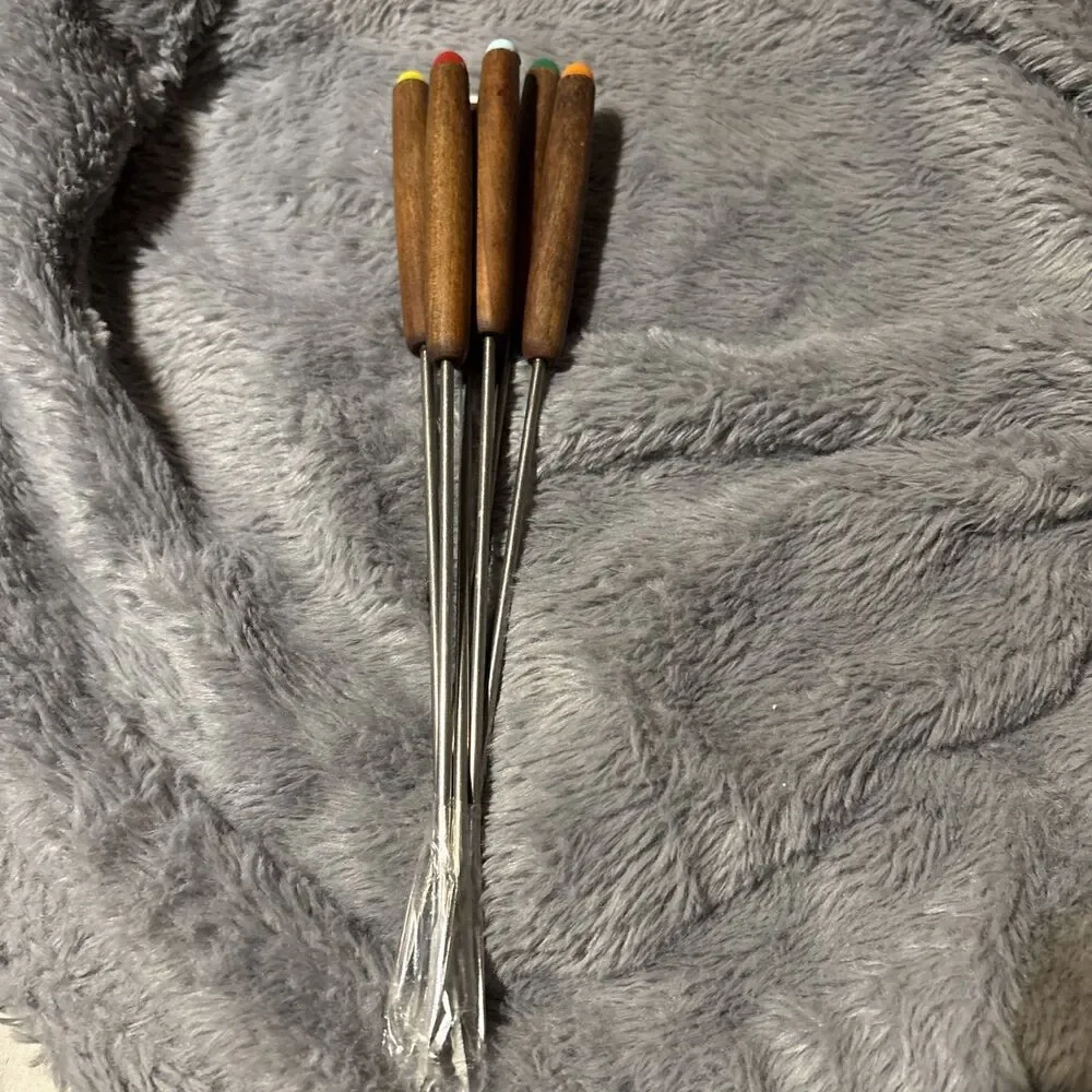 Vintage set fondue forks wood handles colorful tips mid century